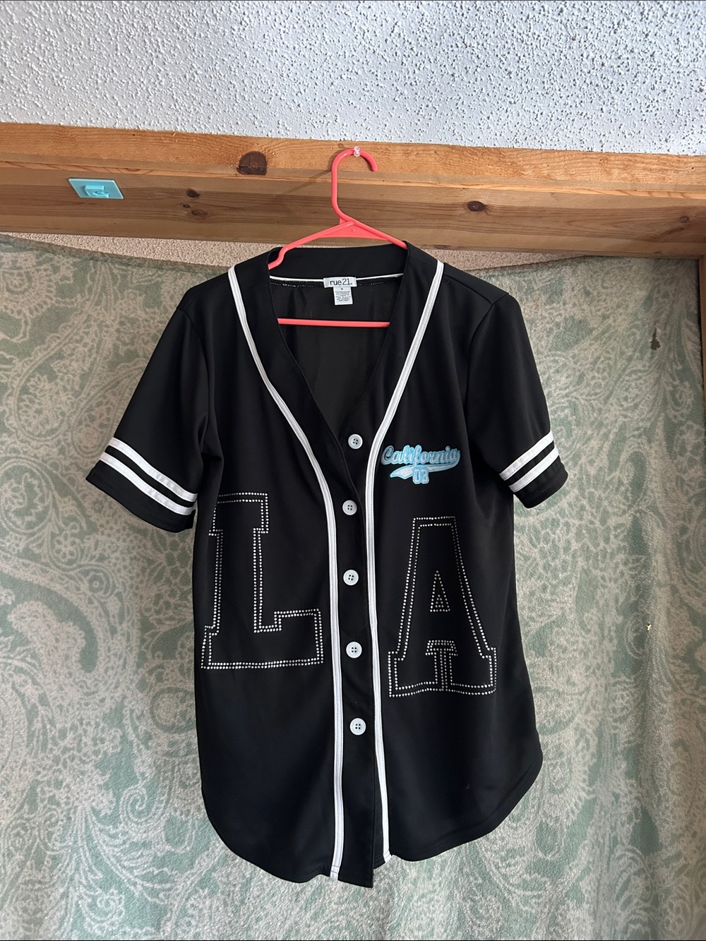 Rue21 Black Baseball-Style Jersey with White Trim and Light Blue Script